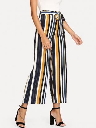 Tie Waist Striped Wide Leg Pants
