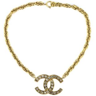 Chanel Vintage signé chaîne en or CC classique Logo collier avec cristaux c. 1970