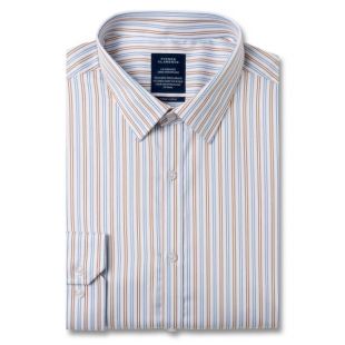 Chemise sans repassage confort Twill rayée col semi-italien Beige et bleu - Pierre Clarence