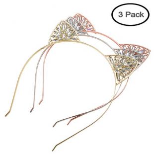 Aegenacess Cat Ear Headband Crown Kitty Fashion Flower Rhinestones Crystal Metal Headwear Makeup Halloween Cosplay Costume Accessories Xmas Gift for Women and Girls (Rose gold/Gold/Silver) (3 pack-1)