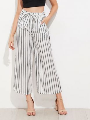 Vertical Striped Self Tie Wide Leg Pants