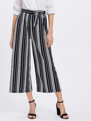 Vertical Striped Self Tie Wide Leg Pants