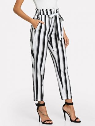 Striped Frill Drawstring Waist Pants