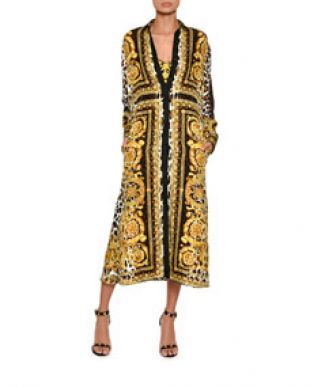 Versace Long Sleeve Silk Twill Baroque Print Midi Dress
