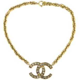 Chanel Vintage signé chaîne en or CC classique Logo collier avec cristaux c. 1970