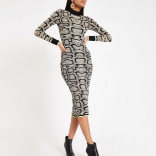 Brown snake print high neck fitted dress