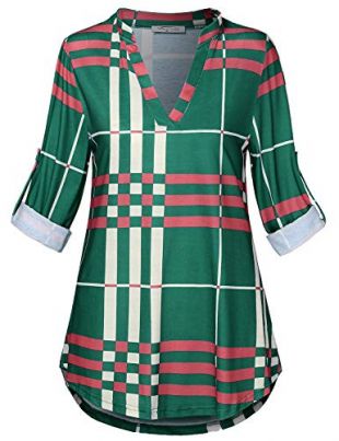 SeSe Code Green Plaid Shirt,Womens Tops and Blouses for Work 3/4 Rolled Up Sleeves T Shirts Fashion Designs Career A Line Slimming Dressy Petite Tunic XX Large