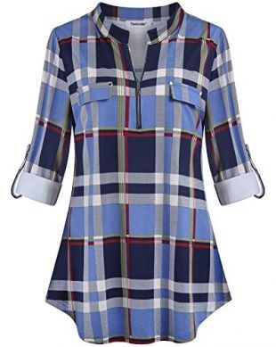 Tencole Casual Dressy Shirt for Women, Split Neck Plaid Shirt Blouses Mandarin Collar Tunic Women Elegant Winter Tunic Tops with Zipper Bluered