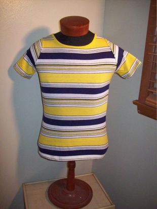 Vintage 60 s 70 s jaune bleu blanc rayé ras du cou T Shirt / Tennis Roller Skating chemise rétro Mens Womens Sport Tee Shirt