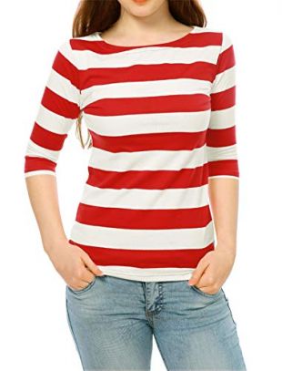 Allegra K Women's Elbow Sleeves Boat Neck Slim Fit Striped Waldo Costume Top Shirt Tee L Red