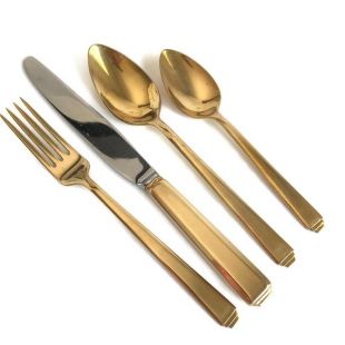 Art Deco Style or couverts pour sept Englishtown artisanat USA, or plaquer or fourchettes, couteaux, cuillères à thé, couverts, couverts or