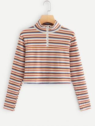 Striped Quarter Zip Crop Tee