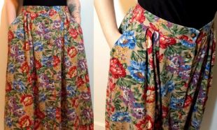 90 s jupe Midi floral, 100 % coton taille haute jupe longue, moyen   grand, Susan Bristol, poches, taille élastique