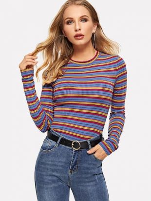 Rib knit Colorful Striped T shirt