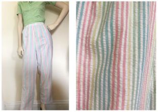 1980sRainbow rayé pantalon / / Pantalon en jambe effilée arc en ciel Vichy / / tirez sur la cigarette pastel rayure vertical pantalons taille L