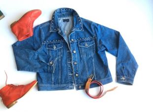 Veste en Jean Baccini 1980 ' s. Clouté veste en jean 100 % coton résistant. Veste en Jean bleu avec paquets avant. Fabriqué à Hong Kong.