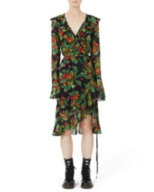 Marc Jacobs Bell Sleeve Ruffled Cherry Print Wrap Dress