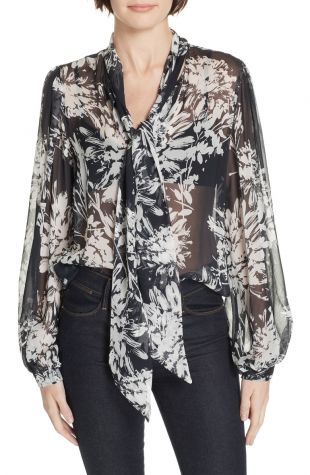 Equipment Cleone Tie Neck Sheer Floral Silk Blouse