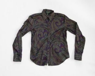 Fig Blouse, chemise Cachemire / manches longues des années 90 de chemise Ralph Lauren coton psychédélique haut / violet bouton up / petit haut imprimé floral