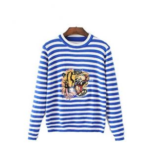 Women Funny Cartoon Animal Tiger Head Embroidered Striped Sweater Christmas