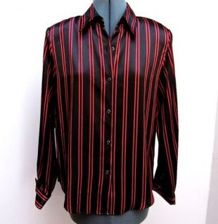 Christie and Jill Black & Red Vertical Striped Satin Women’s Long Sleeved Button Front Blouse Size 10P