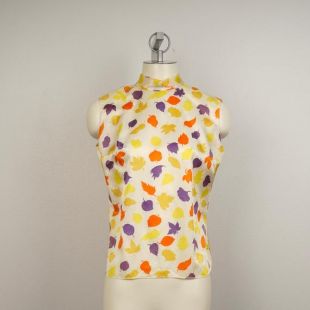 Lumineux Blouse sans manches impression de feuille moyen bouton Up dos haute cou haut jaune violet Orange Miss Pat en Californie