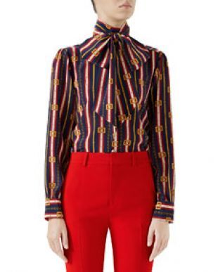 Gucci Bow Neck Long Sleeve Button Front Silk Crepe de Chine Blouse