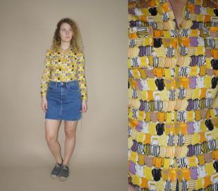 70 ' s vintage jaune violet shirt femme imprimé chemisier rétro
