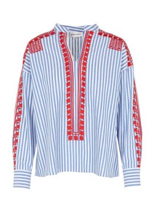 TOP COL TUNISIEN RAYÉ À BRODERIES CONTRASTANTES EN COTON