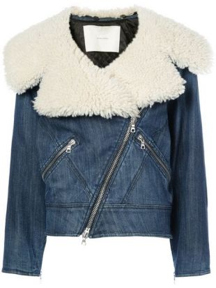 Adam Lippes Stretch denim moto jacket with shearling collar