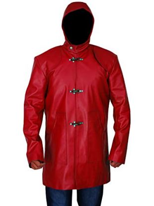 Men Blue Fahsion Outerwear Classic Hooded Style Collar Mid Length Leather Trench Coat (Red, Medium)