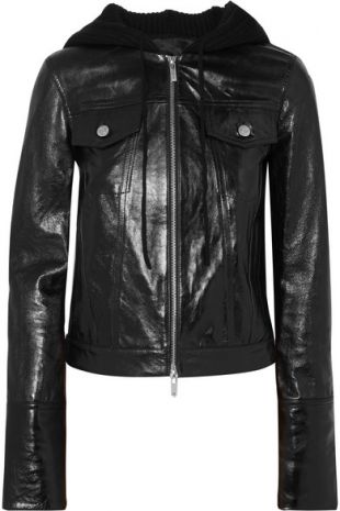 Helmut Lang Hooded glossed textured leather and ribbed wool blend jacket