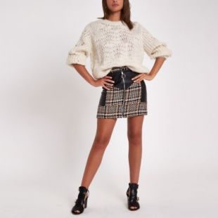 Brown check faux leather block mini skirt