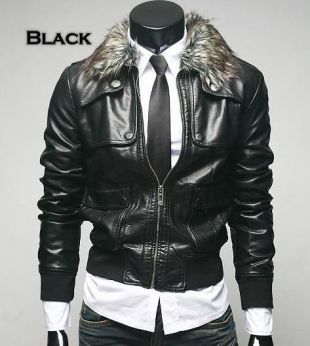 dhgate - Leather Jacket Fur Collar Slim Fit Casual PU