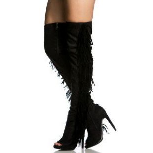 FSJ Black Fringe Boots Peep Toe Suede Thigh High Heel Boots for Women