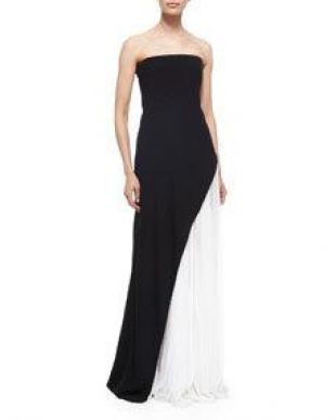J. Mendel Strapless Asymmetric Pleat Gown, Black/White
