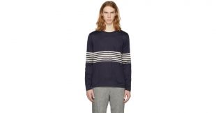 Blue Navy Long Sleeve Chest Stripe T shirt