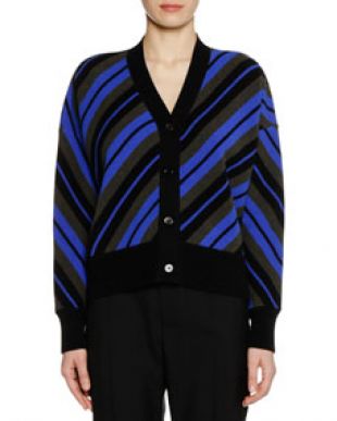 V Neck Button Front Striped Wool Cardigan