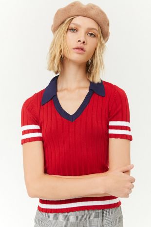 Forever 21 Ribbed Sweater Knit Varsity Top