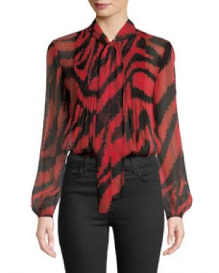 Diane von Furstenberg Sam Animal Print Tie Neck Silk Top