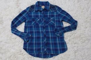 Blue Plaid Flannel Snap Button Shirt Studded Shoulders