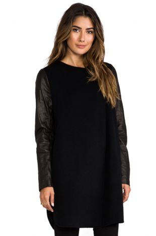 Double Face Wool Coat with Leather Sleeves en Black | REVOLVE