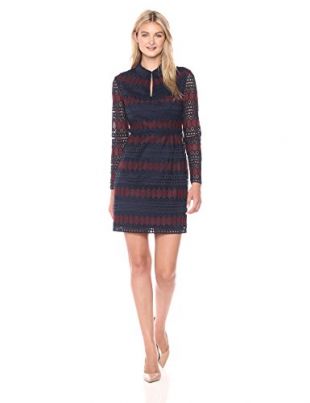 Trina Turk Women's Rodin Diamond Lane Lace Collared Dress, Indigo/Currant, 6