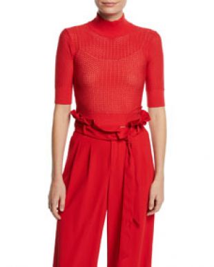 Alice + Olivia Lanie Pointelle High Neck Short Sleeve Pullover