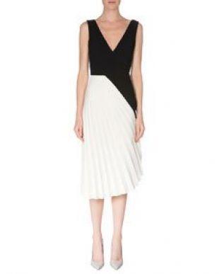 Sleeveless Colorblock Pleated Dress, Black/White