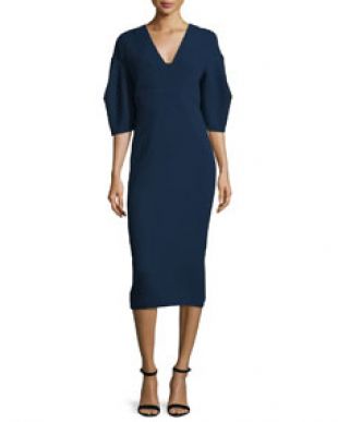 Half Sleeve V Neck Midi Dress, Navy
