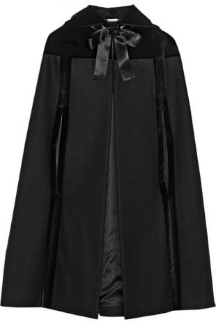 Hooded Wool Cape with Velvet Finishes