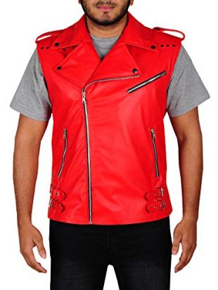 TrendHoop Mens Slim Fit Oblique Zippers PU Leather Motorcycle Jacket Vest (Oblique Red, Small)