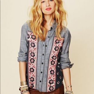Chambray Bandana Inset Buttondown Top