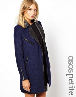 Exclusive Texture Wool Biker Coat with Leather Look Collar